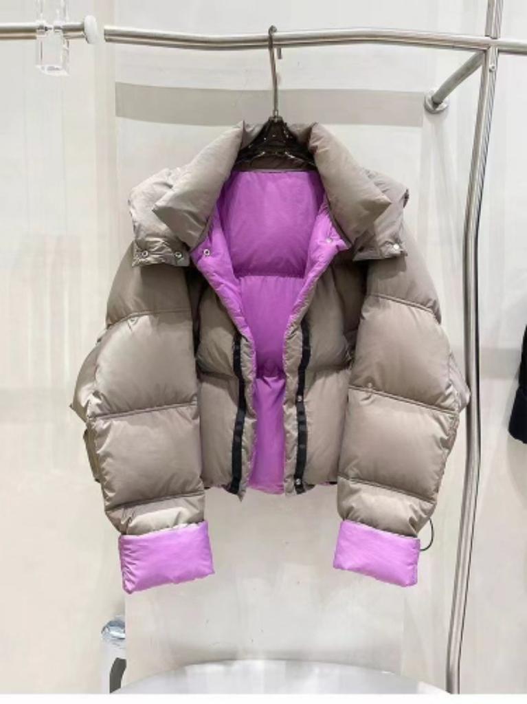 Double-sided wear of the new casual contrasting color bread jacket, fashionable texture and warm hooded loose down jacket for women