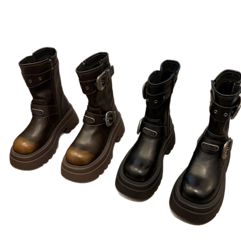 Buckle women's short boots 2025 autumn new black retro versatile small thick-soled fried street locomotive boots