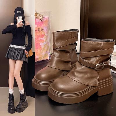 Martin Boots Women's 2025 New Brown Summer Single Boots Platform Short Boots Maillard Heightening Pile Pants Tube Boots
