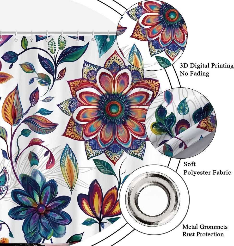 Boho Paisley Floral Shower Curtain, Watercolor Mandala Purple And Blue Flower Pattern Design Bath Curtains For Bathroom