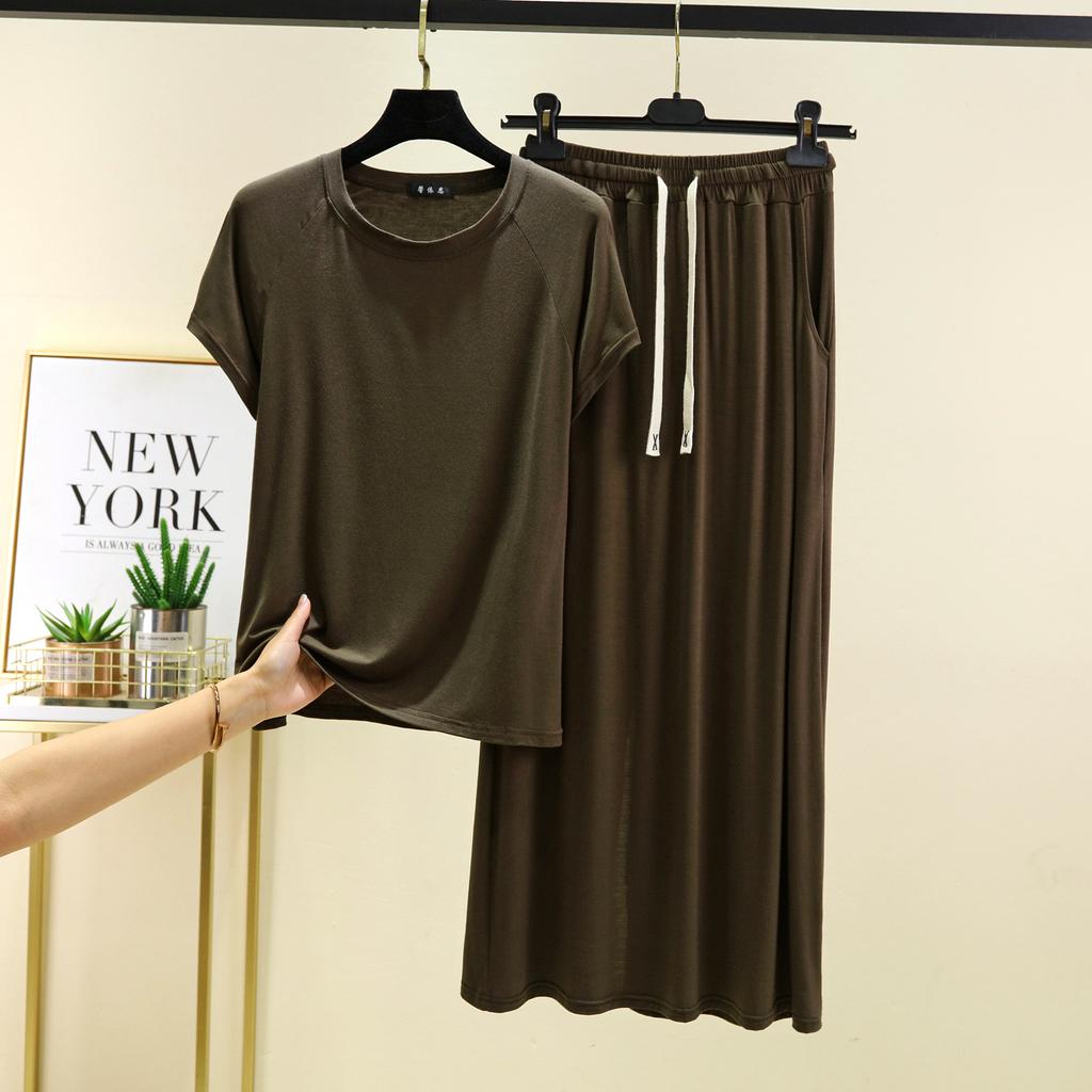 Modal Rundhals Kurzarm T-Shirts und Langer Rock Übergröße Loungewear 2-teiliges Set Lockere Mode Kleidersets Damen passendes Set