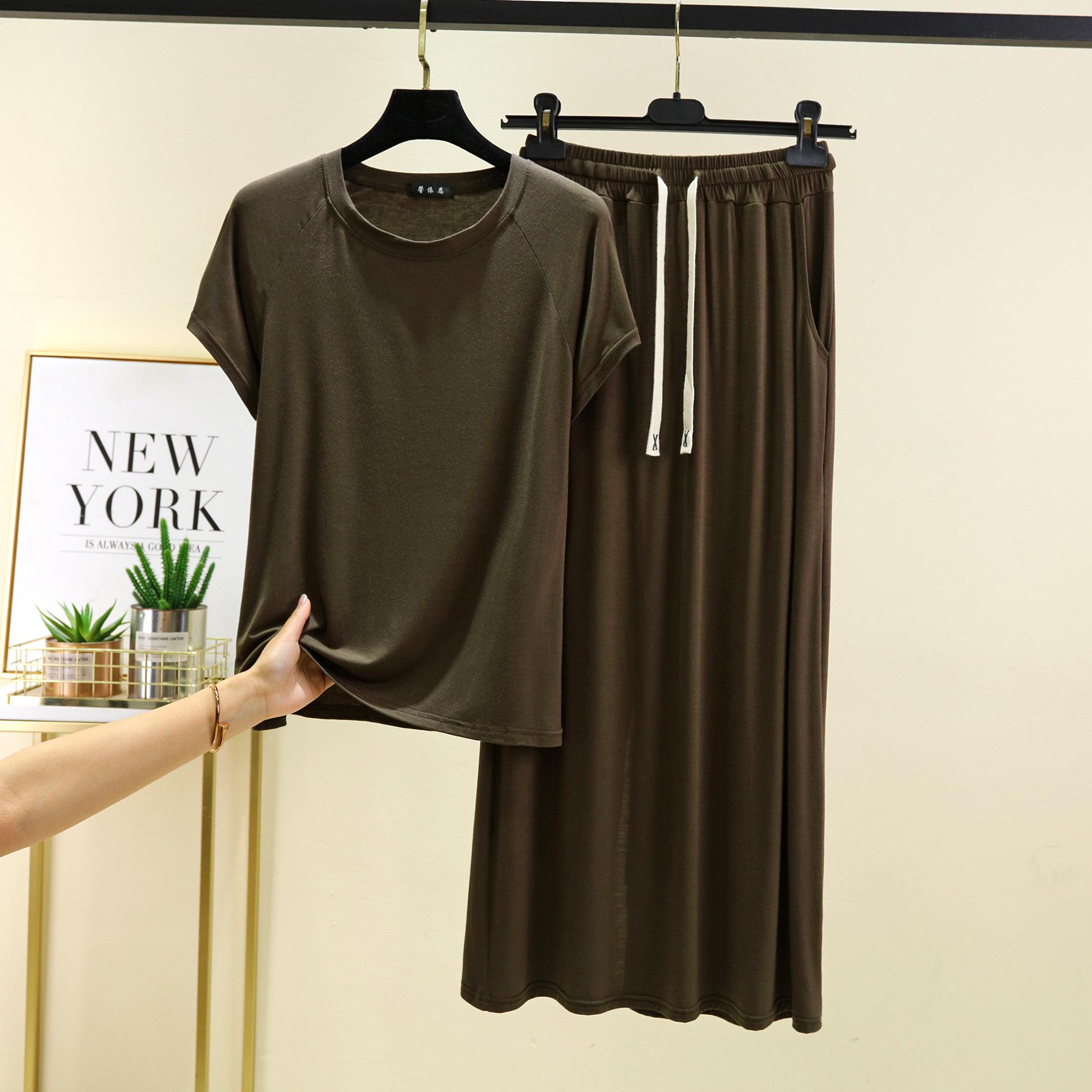 

Футболки с коротким рукавом и длинным рукавом из модала с круглым вырезом и длинная юбка, комплект из 2 предметов домашней одежды больших размеров, свободные комплекты модных платьев, женские комплекты 2XL