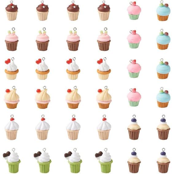 36Pcs Simulation Food Cupcake Charms 9 Styles Opaque Resin Pendant with Platinum Tone Loops for Jewelry Making DIY Craft Necklace Earring Key Chain