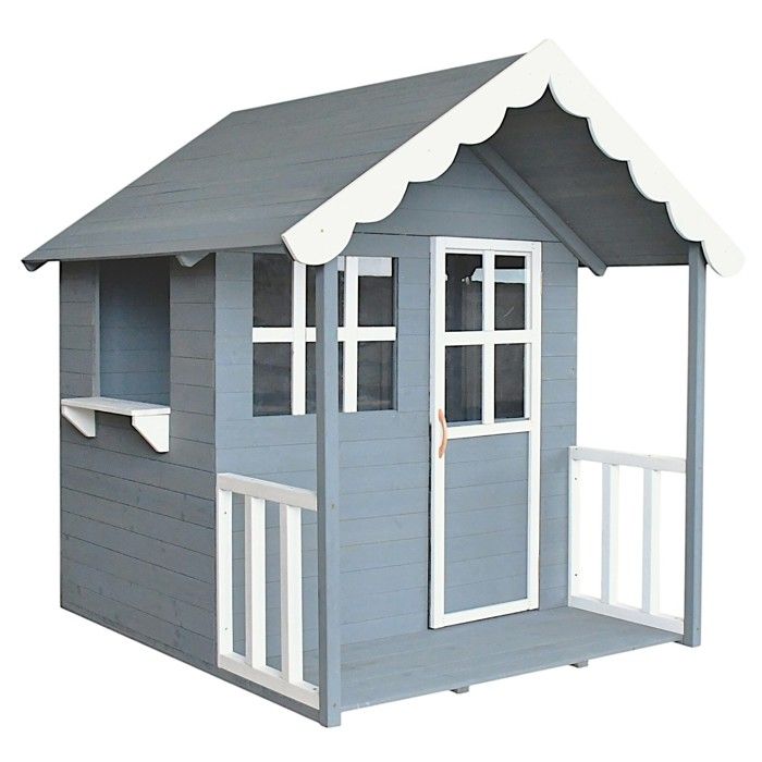 Casă din lemn pentru copii - GINGER HOME - Verandă integrată - Lemn masiv de pin - Gri gri