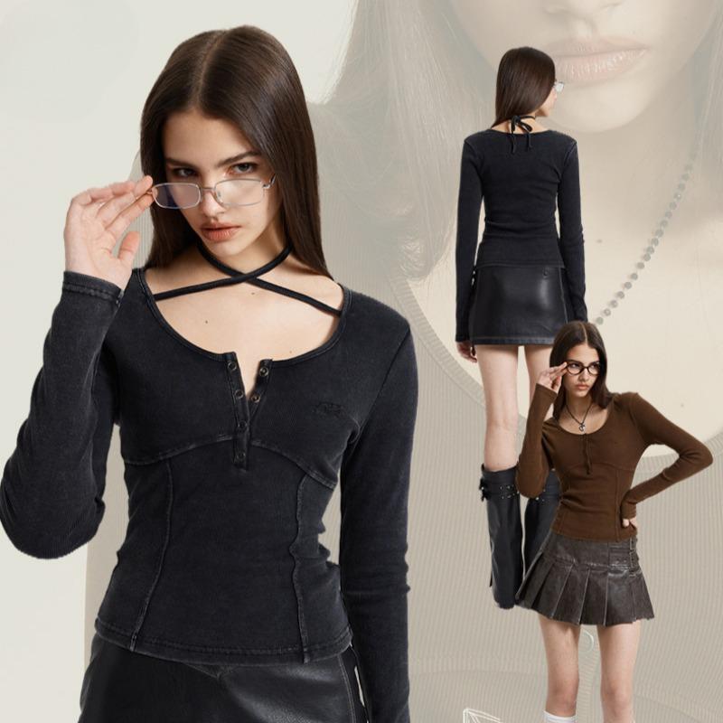 Spring Women's New Spice Girl Style Solid Color Embroidered Strap Long Sleeve Low-neckline T-shirt