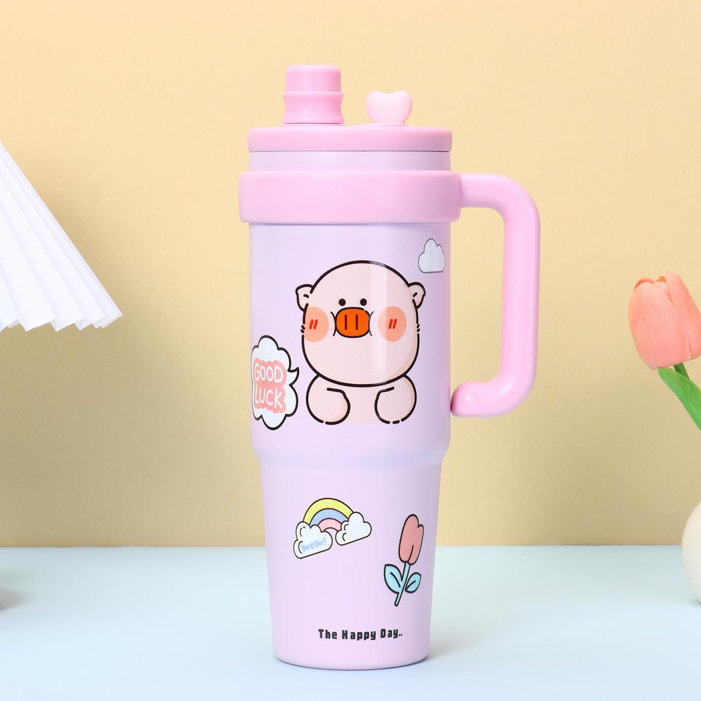 Water Bottle Cartoon Bingba Cup Stainless Steel Thermos Cup Straw Cup Large Capacity Handle Water Cup