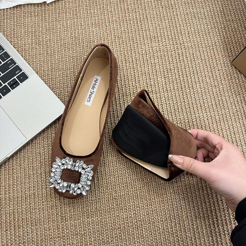 New Classic Elegant Rhinestone French Fashion Black Pointed Suede Water Diamond Shallow Mouth Flat Flat Casual Women's Shoes