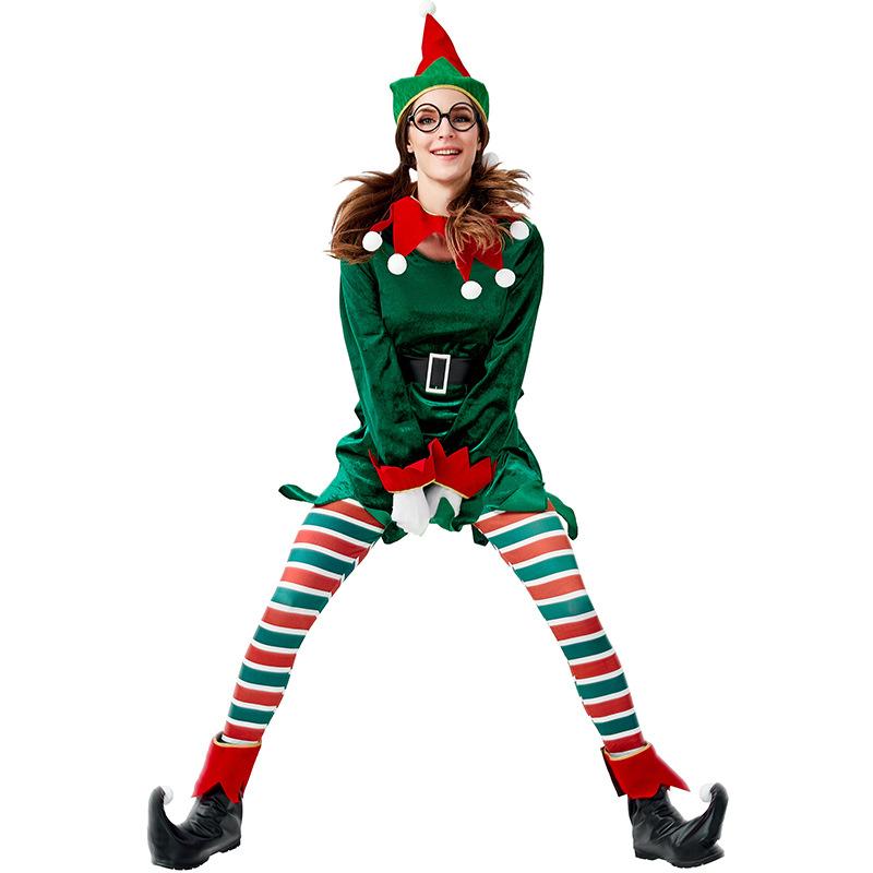 Adult Women Christmas Xmas Green Elf Top Stripe Pants Belt Hat Gloves Set Halloween Role Play Dress Up Cosplay Costume