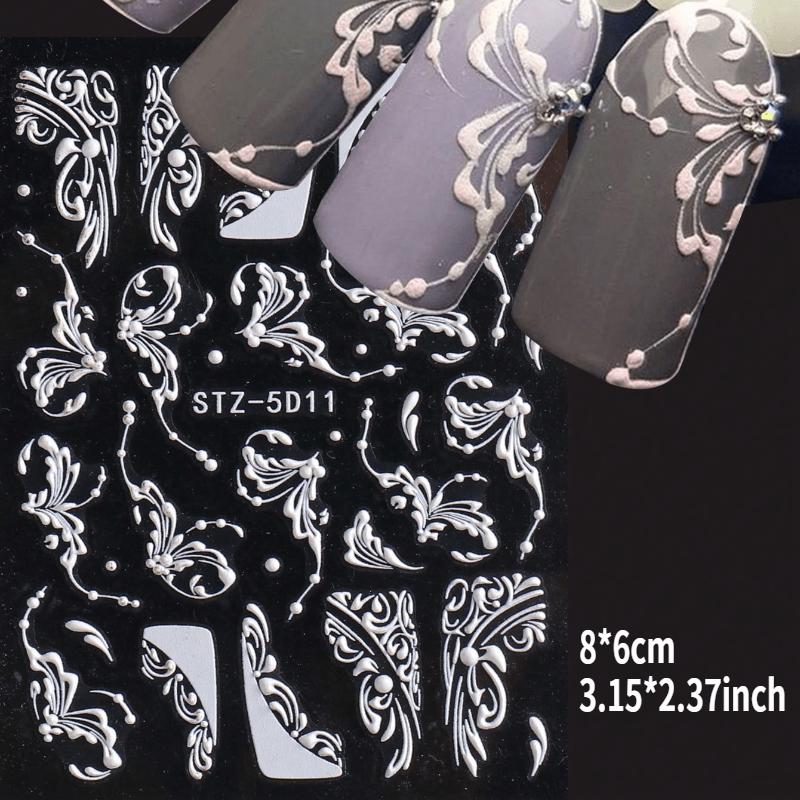 1pc Matte Finish White Lace Flower Nail Art Stickers, Rectangle Embossed French Nail Decals with Embroidered Effect