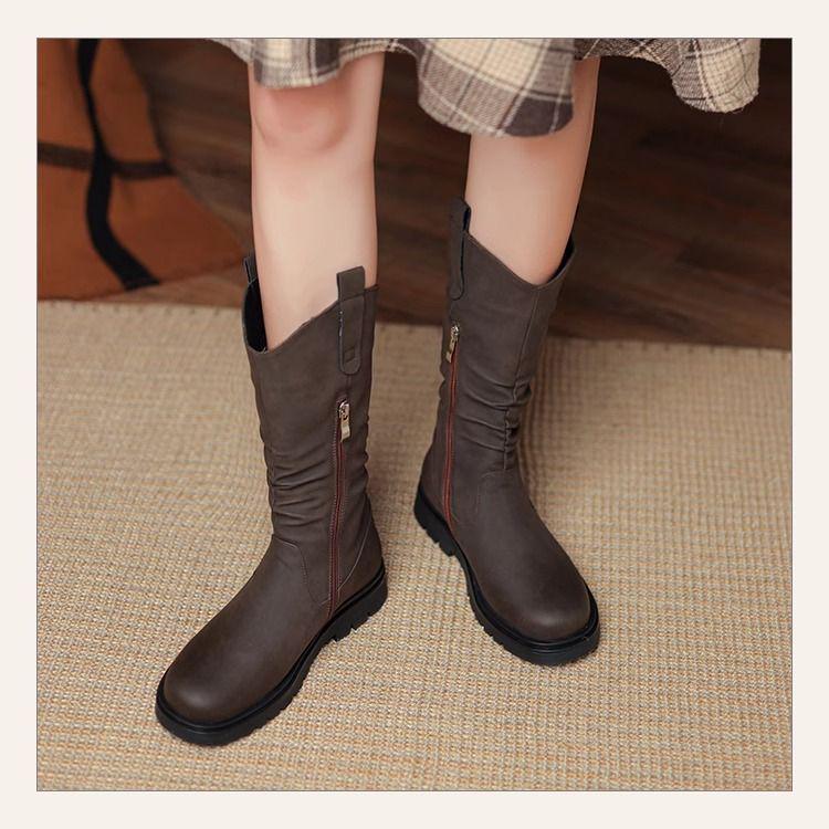 Dámské kozačky do půli lýtka s plochým podpatkem 2025 - Nový jarní a podzimní styl se sametovou podšívkou, ideální k sukním