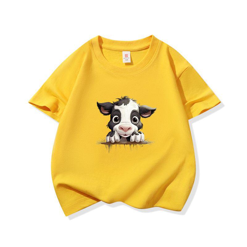 Kids Cotton T Shirt Black And White Cow Peeking Over Land Print Crew Neck Short Sleeve Tee Casual Boys Girls Summer Tops