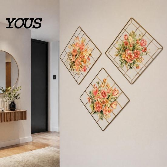 Waterproof Wall Stickers 3 Sheets Spring Flower Sticker, Square Grid Floral Plants Decoration, Peel Stick Art Removable Decal for Home Office