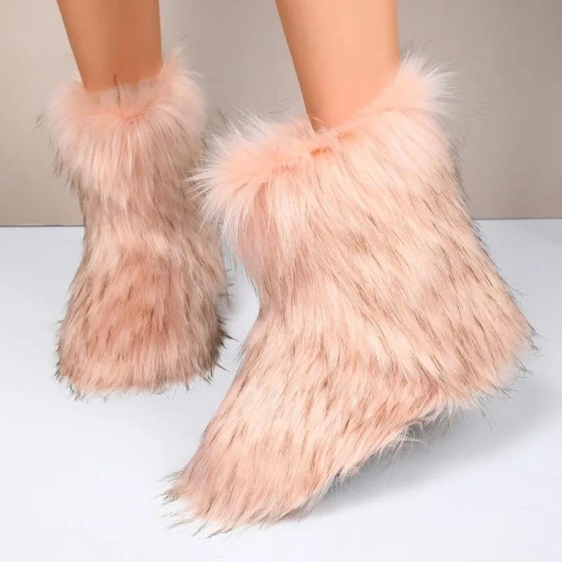 

Модные Роскошные Пушистые Снежные Сапоги для Женщин Удобные Толстая Подошва Хлопковые Туфли Теплые Длинный Мех До Середины Икры Сапоги Botas Mujer Черный Белый 38 розовый