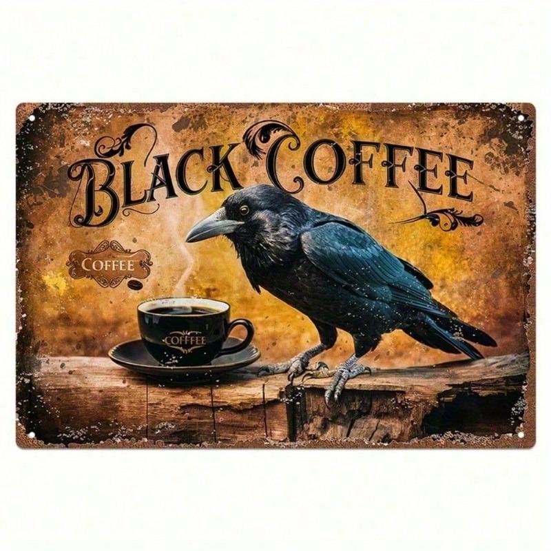 Vintage Metal Wall Art Decor Sign - Black Crow & Coffee 12x8 Inch Aluminum Plaque with Ornate Frame, Kitchen Bar Home Gothic Han