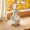 Indoor Autumn Window Displays 3D Printed Meditating Witch Figurine on Pumpkin Base, Minimalist Decorative Hat Sculpture Halloween Desktop Statue, DIY