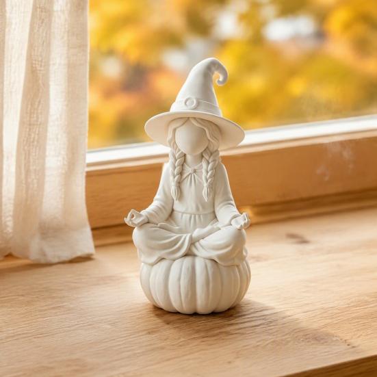 Indoor Autumn Window Displays 3D Printed Meditating Witch Figurine on Pumpkin Base, Minimalist Decorative Hat Sculpture Halloween Desktop Statue, DIY