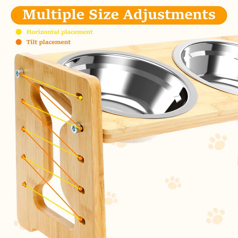 Wooden Elevated Dog Cat Feeder Stand Adjustable Raised Double Stainless Steel Bowls 15°Tilt Anti Slip Pet Food Water Bowl