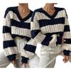 New Autumn/Winter Relaxed-Style Knitwear: Loose-Fitting, Fashionable Women’s V-neck Retro Colour-Blocked Striped Jumper
