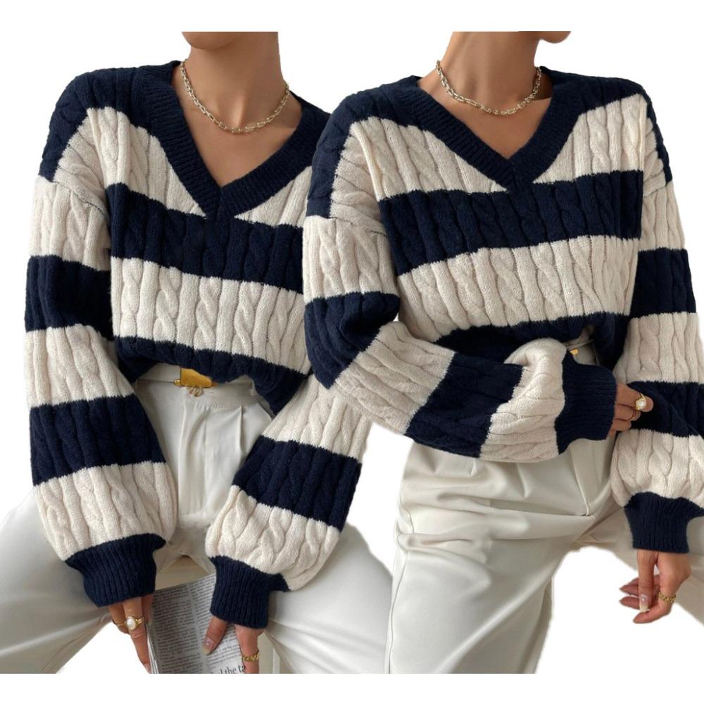 New Autumn/Winter Relaxed-Style Knitwear: Loose-Fitting, Fashionable Women’s V-neck Retro Colour-Blocked Striped Jumper