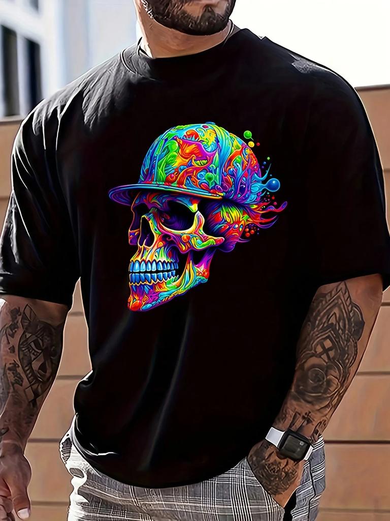 Unisexs 100 Cotton Tshirt With Neon Rainbow Skull Baseball Cap Design Casual Everyday Street Style Shortsleeved Top