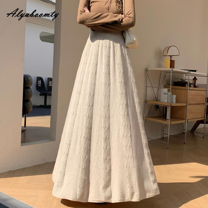 Autumn Winter Women Maxi Long Knitted Skirt Elastic Waist Beige Black Gray Knitting Thick Warm Skirt Elegant Feminine Basic Ladies' Pleated Skirt