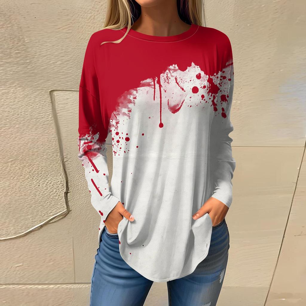 Women's Loose Round Neck  Print Long Sleeve T-Shirt Top Pullover