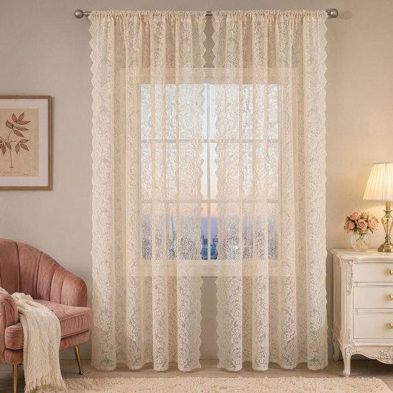 1 Panel Sheer Lace Curtain, Vintage Floral Lace Curtain with Rod Pocket, Light Filtering Window Curtain Panel for Living Room Bedroom Window Closet