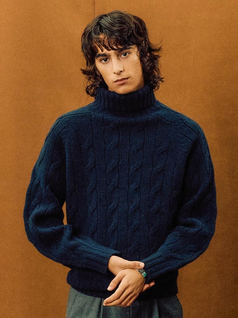 EDWARDMAX Navy 100% Wool Roll-Neck Sweater [Whole Garment, Cable]