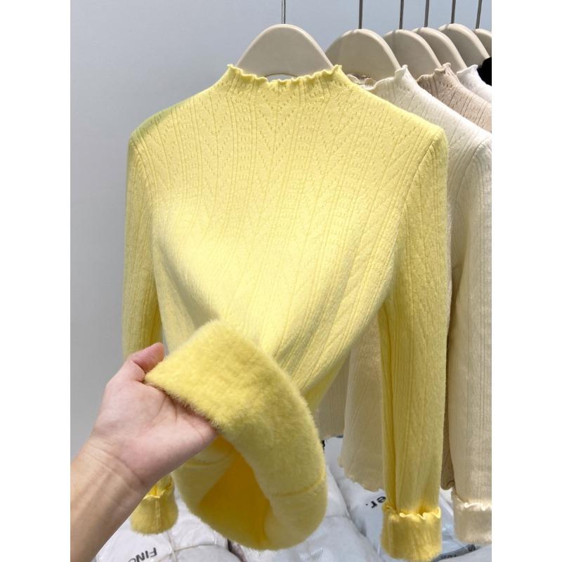 

Solid color fungus edge texture base top women s autumn and winter semi-turtleneck integrated fleece thickened inside knitted sweater XL жовтий