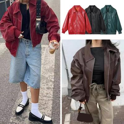 Zipper Placket Jacket Stylish Faux Leather Motorcycle Jacket with Turn-down Collar Zipper Closure Women's Retro Coat for Outdoor