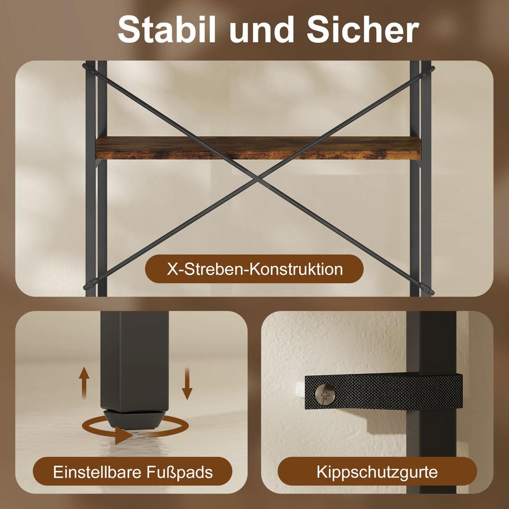 5-Tier Bookshelf, Industrial Bookcase with Metal Frame - Rustic Brown and Black