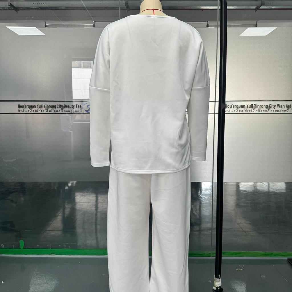 2025 Women's Solid Color Round Neck Long-Sleeve Top and Pocket Pants Suit
