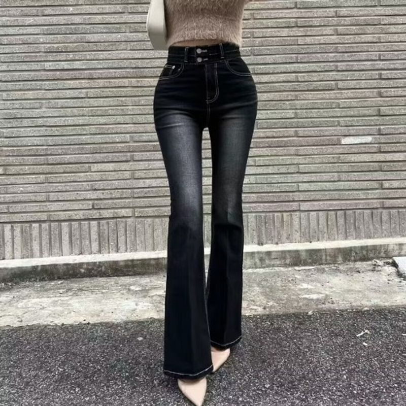 

South korea Dongdaemun Retro High Waist 2 Buttons Faded Slim fit Slimming Stretch Horn Denim Trousers Four Seasons Wearable Black Gray L