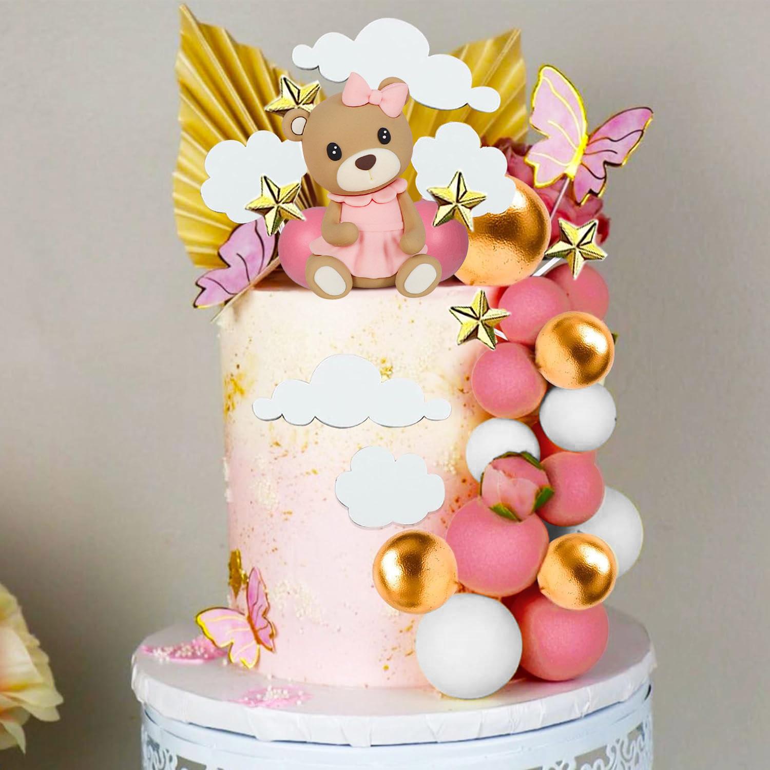 

Baby Bear Cake Toppers Bear Cake Decorations with Gold Blue White Pearl Ball for Baby Shower blue Bear Theme Party Supplies