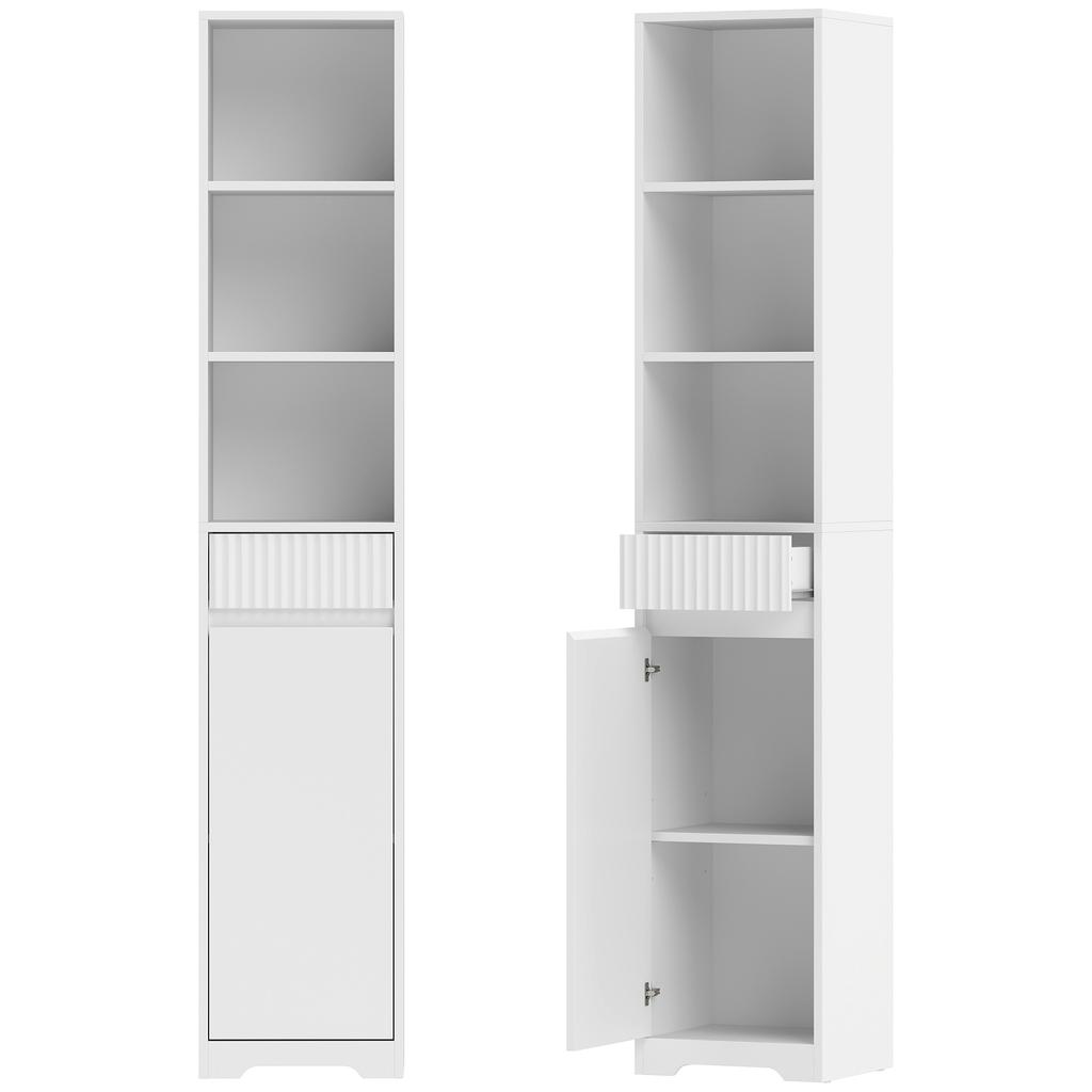 Tall Bathroom Cabinet, Door, Drawer, Open Compartments, Adjustable Shelf, White