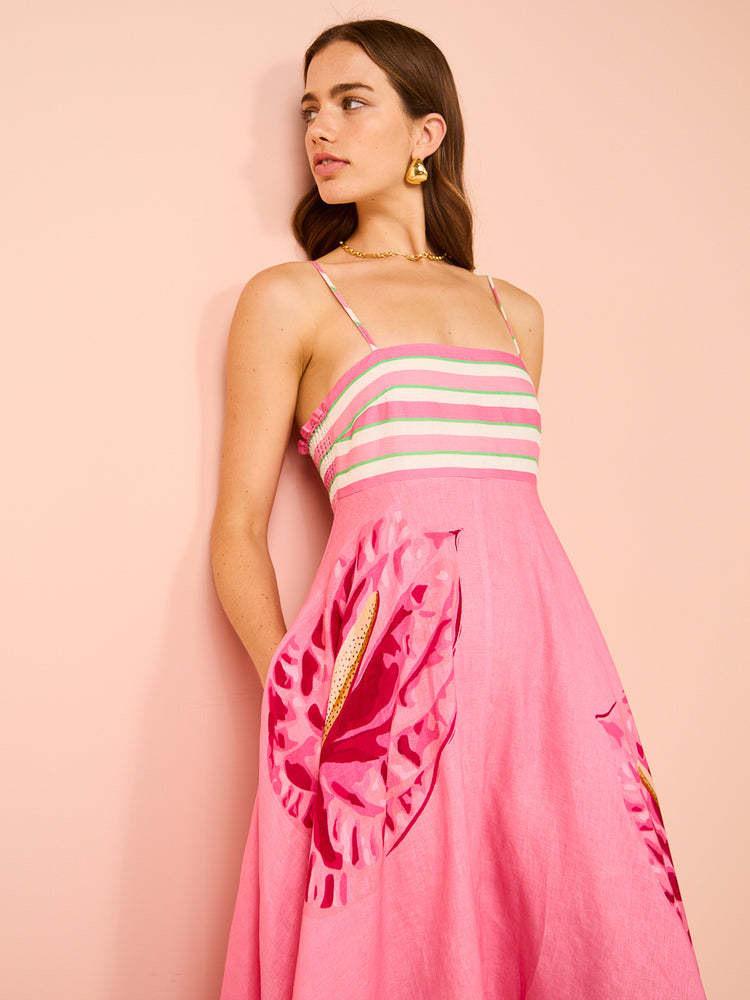 Evropské a americké dámské elegantní letní šaty s vysokým pasem a rostlinným potiskem (2025)