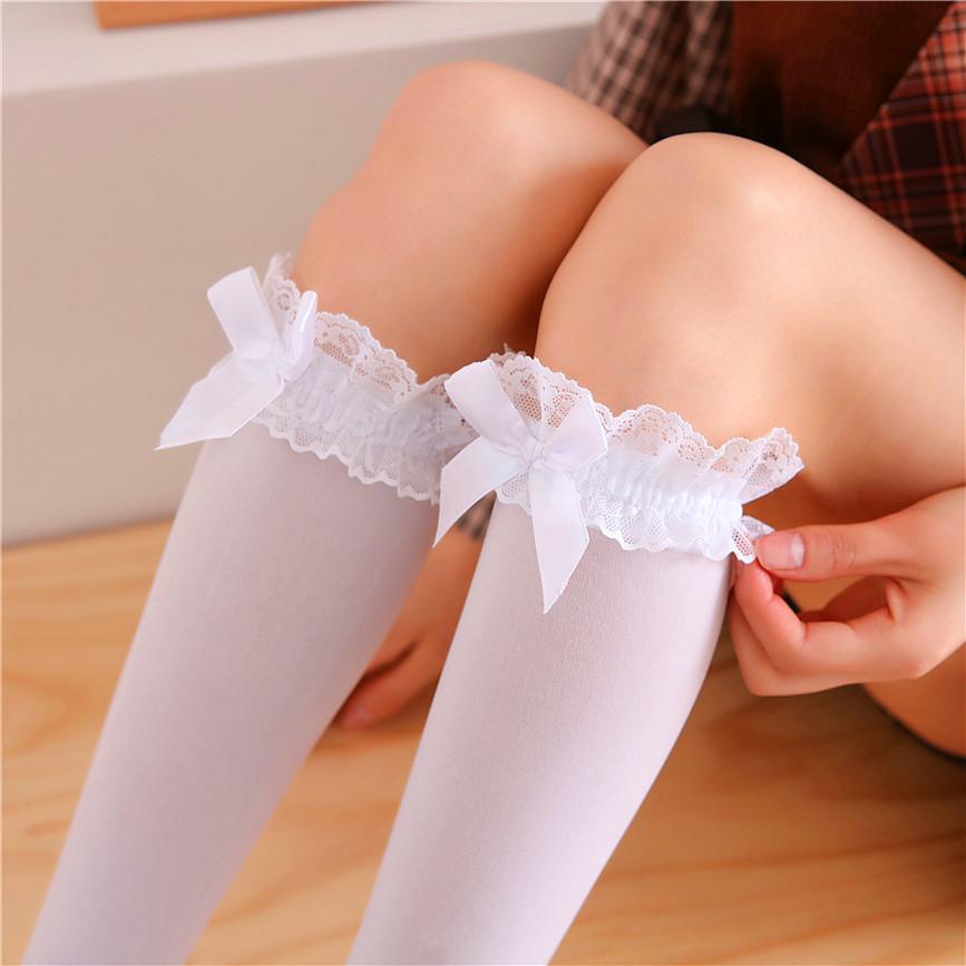 Spring/Summer Japanese Lace Bow Over Knee Stockings Women's Lolita College Knee Calf White Stockings