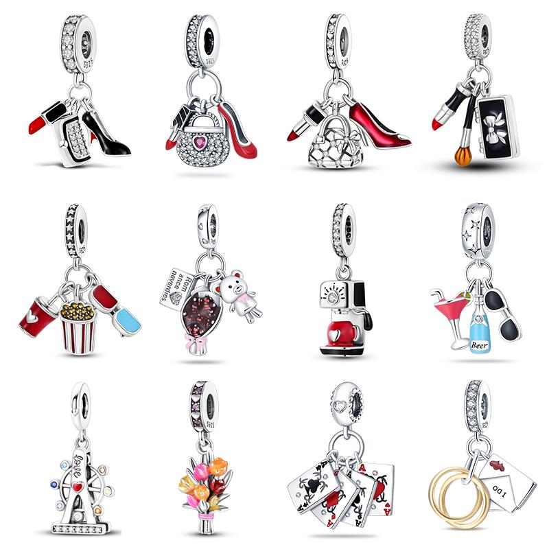 

925 Silver Color Lipstick High-heeled Shoes Charms Beads Fit Diy 925 Original Bracelets Anniversary Jewelry Gift For Woman