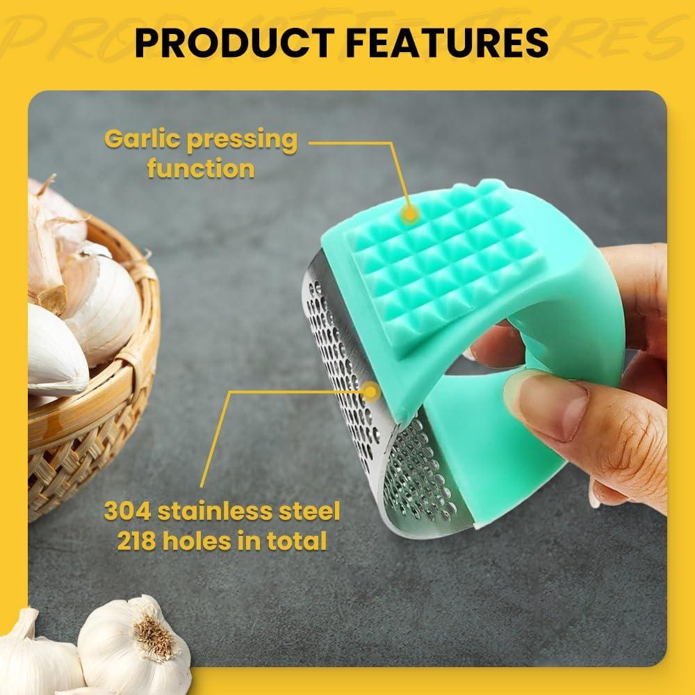 Upgrade Stainless Steel Garlic Presser Garlic Press Rocker Garlic Mincer Garlic Crusher with Peeler and Cleaning Brush