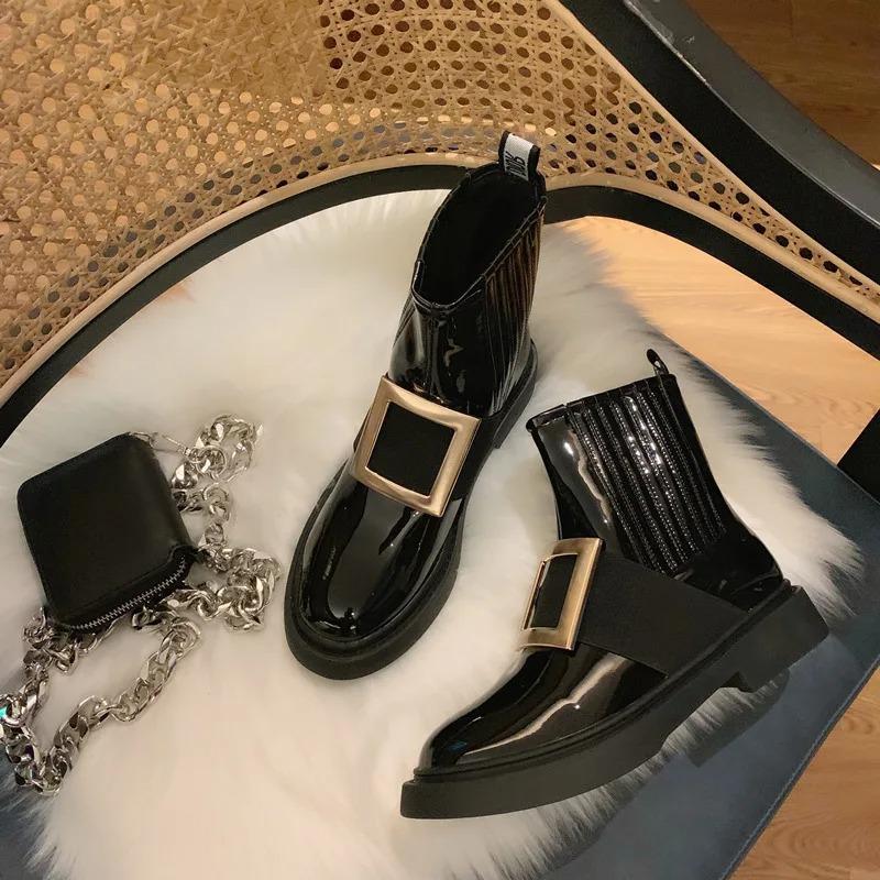 Lackleder Chelsea Boots Damen Markenschuhe Winter Marke Metallschnalle Botas Femme Stretch Reitstiefel Damenschuhe Botas