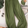 Plus Size Women's Elegant Elastic Waist Lace-Up Casual Trousers with Pockets for Spring and Summer Vacations