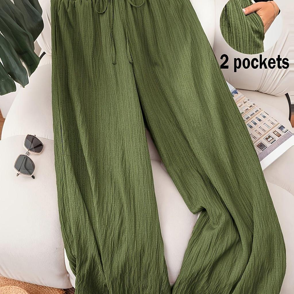 Plus Size Women's Elegant Elastic Waist Lace-Up Casual Trousers with Pockets for Spring and Summer Vacations