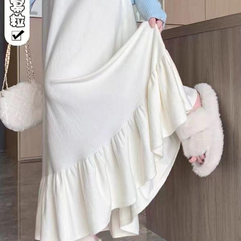 Thick Knitted Half Skirt Autumn/Winter New Popular Style Leaf High Waist Word Large Slimming Splicing Medium Length Long Skirt