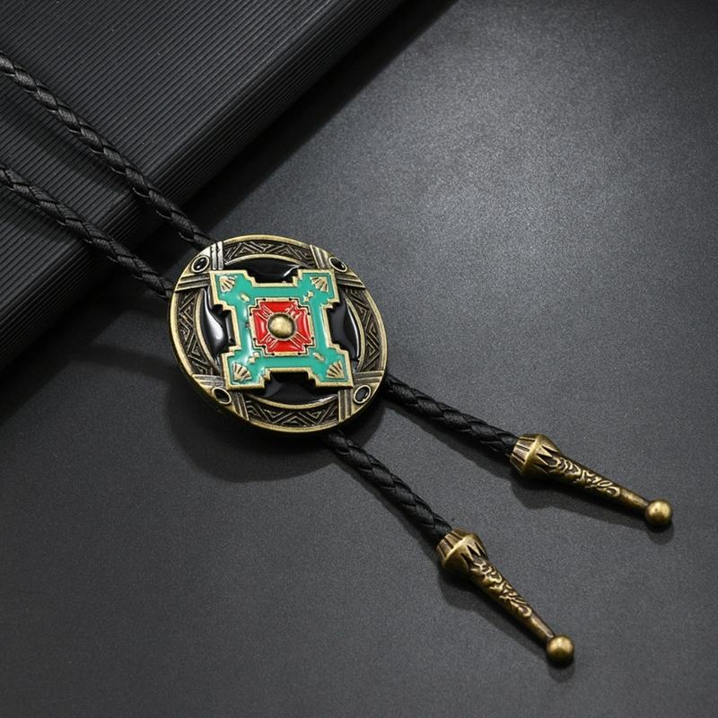 Mens Adjustable Leather Cord Bolo Tie with Enamel Metal Badge Pendant Western Rodeos Outfit Shirt Chain Necktie Necklace