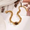 Ying Tai Stainless & Titanium Steel Bracelet with Tiger Eye and Natural Stone, High-Polished, 18k Gold-Plated, Retro European-American Style