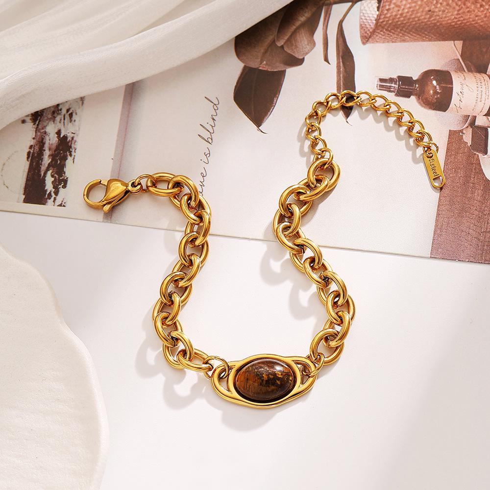 Ying Tai Stainless & Titanium Steel Bracelet with Tiger Eye and Natural Stone, High-Polished, 18k Gold-Plated, Retro European-American Style