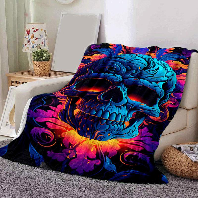 1pc Skull Printing Lightweight Flannel Blanket, Comfortable and Warm Blanket, for Camping Sofa Bed and Couch Office, Gift