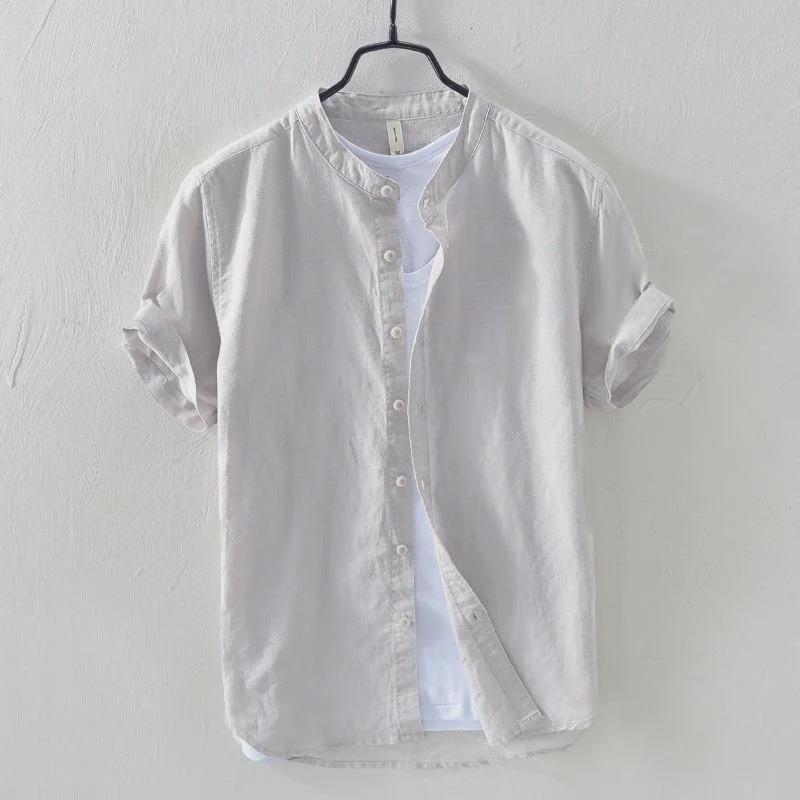 Men's Short-Sleeve Chinese Stand Collar Linen Shirt - Lightweight Summer Casual Fashion