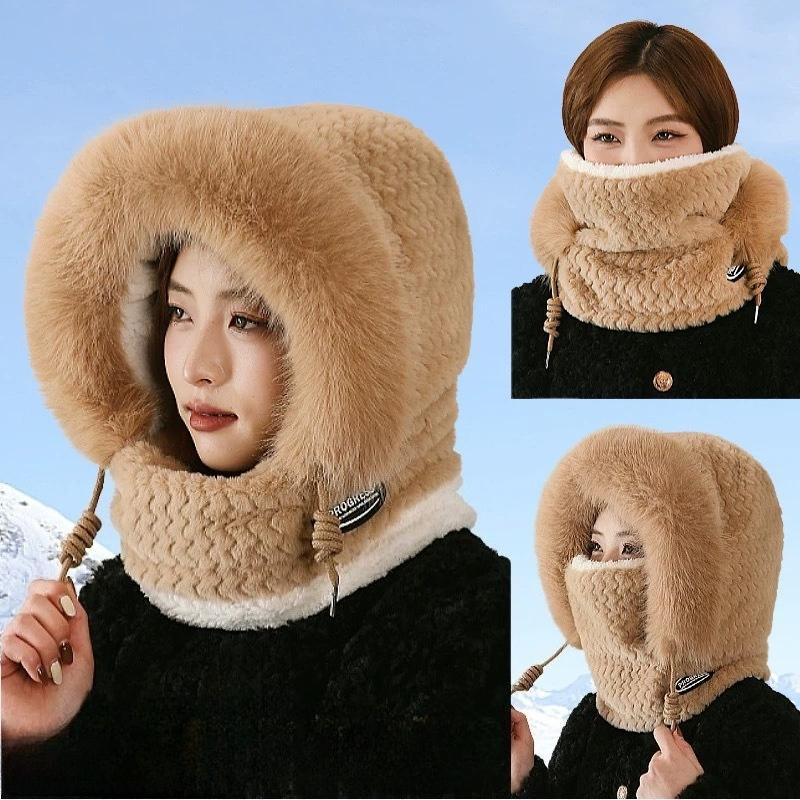 Women Winter Hat Windproof Thick Hood Built In Scarf and Mask Ear Protection Thermal for Outdoor Cycling and Electric Scooter