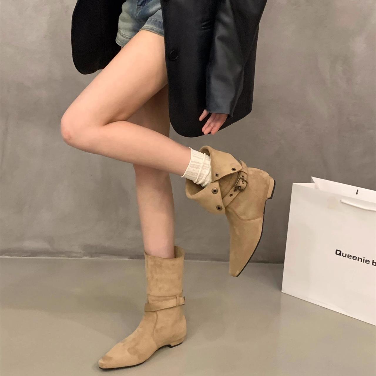 

[Fanfna] 2025 осень новый ретро цвет Майяр заостренный носок две носки универсальные короткие ботинки женские ботинки Мартин 39 хаки